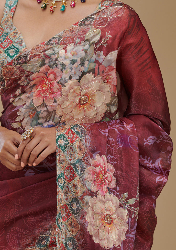 Wine Printed Tissue Saree