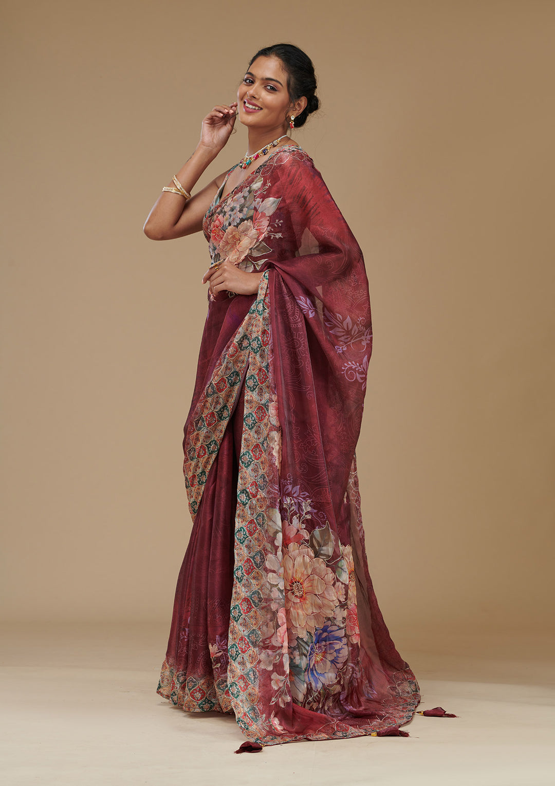 Wine Printed Tissue Saree