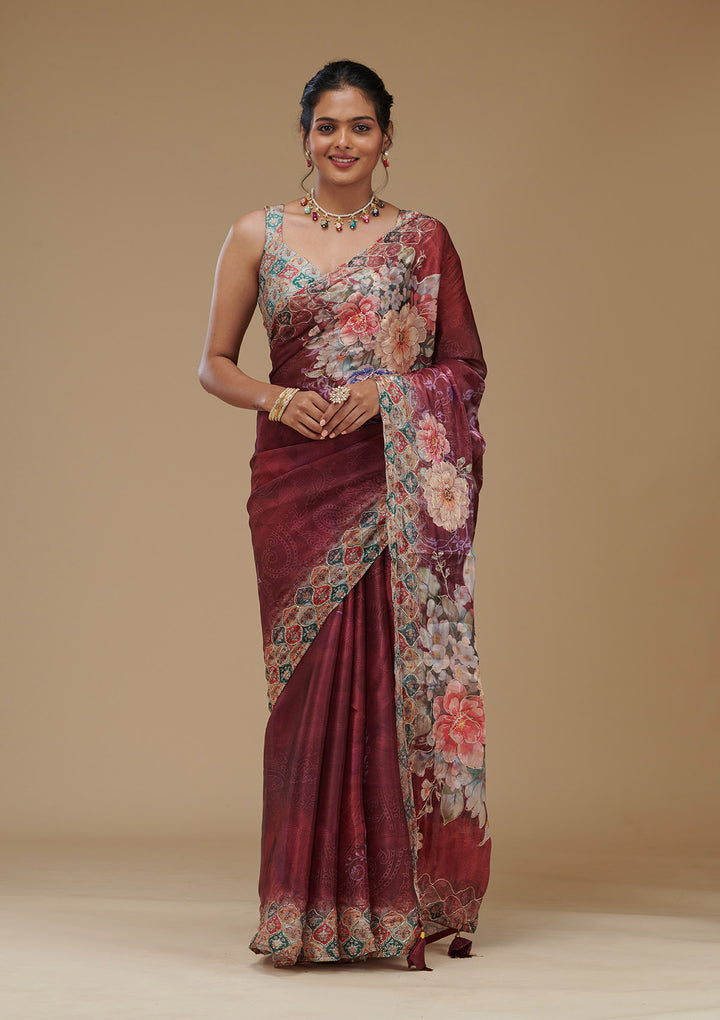 Wine Printed Tissue Saree