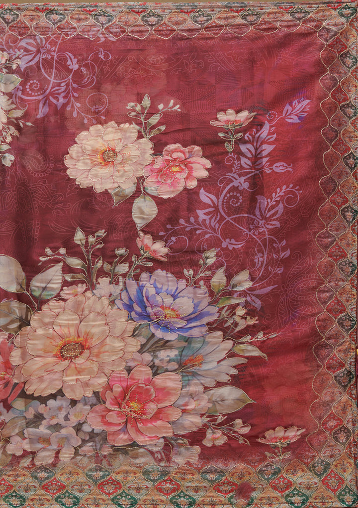 Wine Printed Tissue Saree