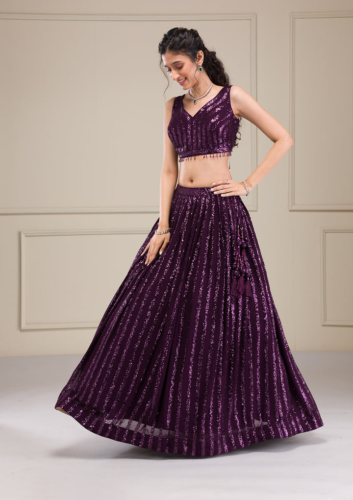 Wine Sequins Georgette Readymade Lehenga