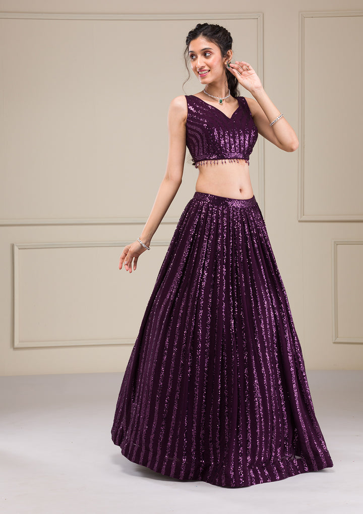 Wine Sequins Georgette Readymade Lehenga