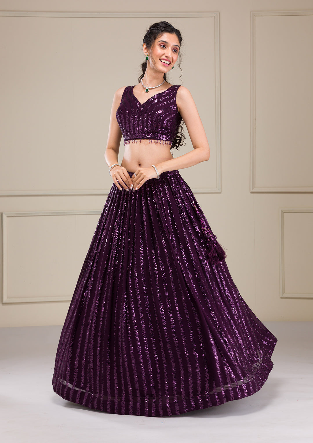 Wine Sequins Georgette Readymade Lehenga