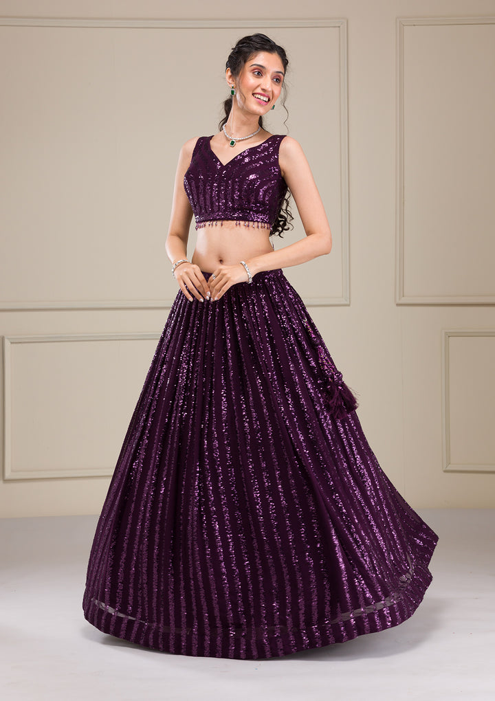 Wine Sequins Georgette Readymade Lehenga