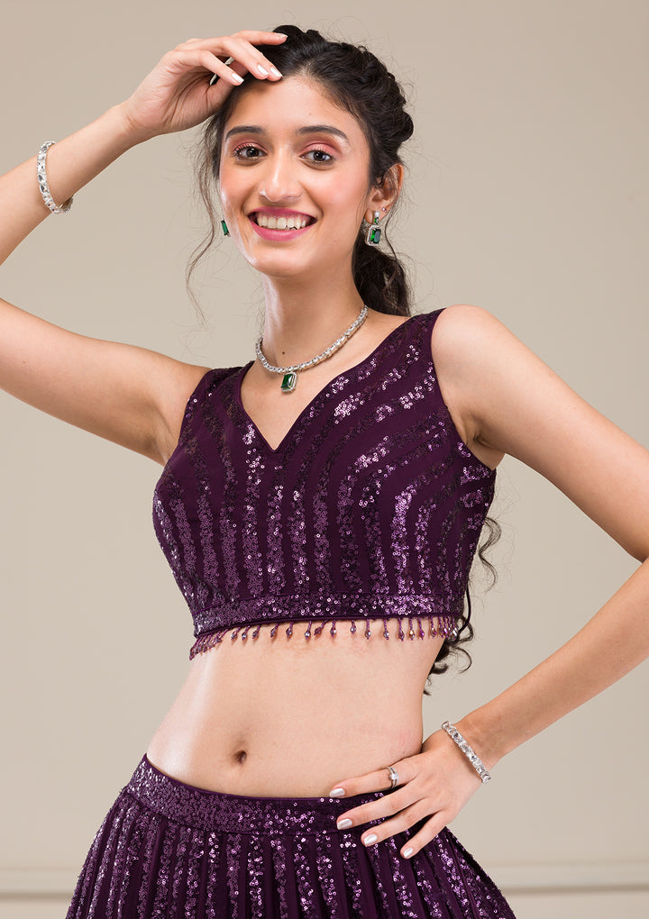Wine Sequins Georgette Readymade Lehenga