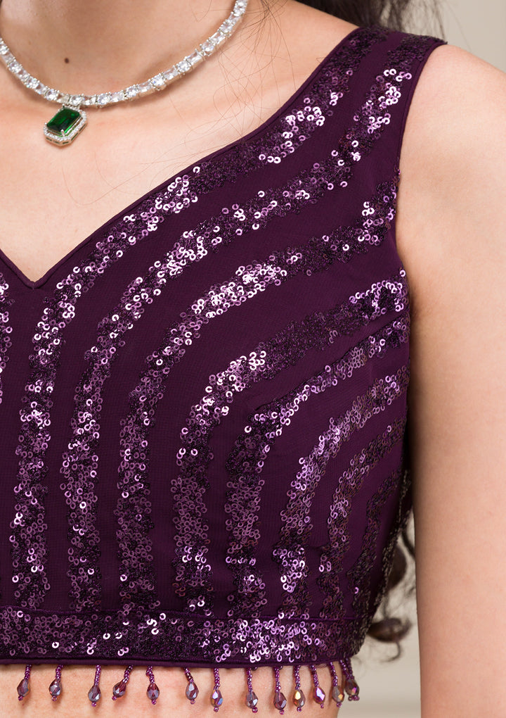 Wine Sequins Georgette Readymade Lehenga