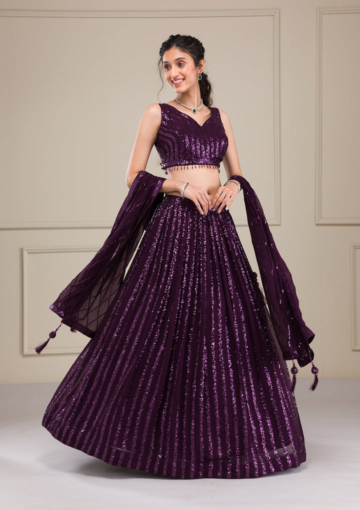 Wine Sequins Georgette Readymade Lehenga