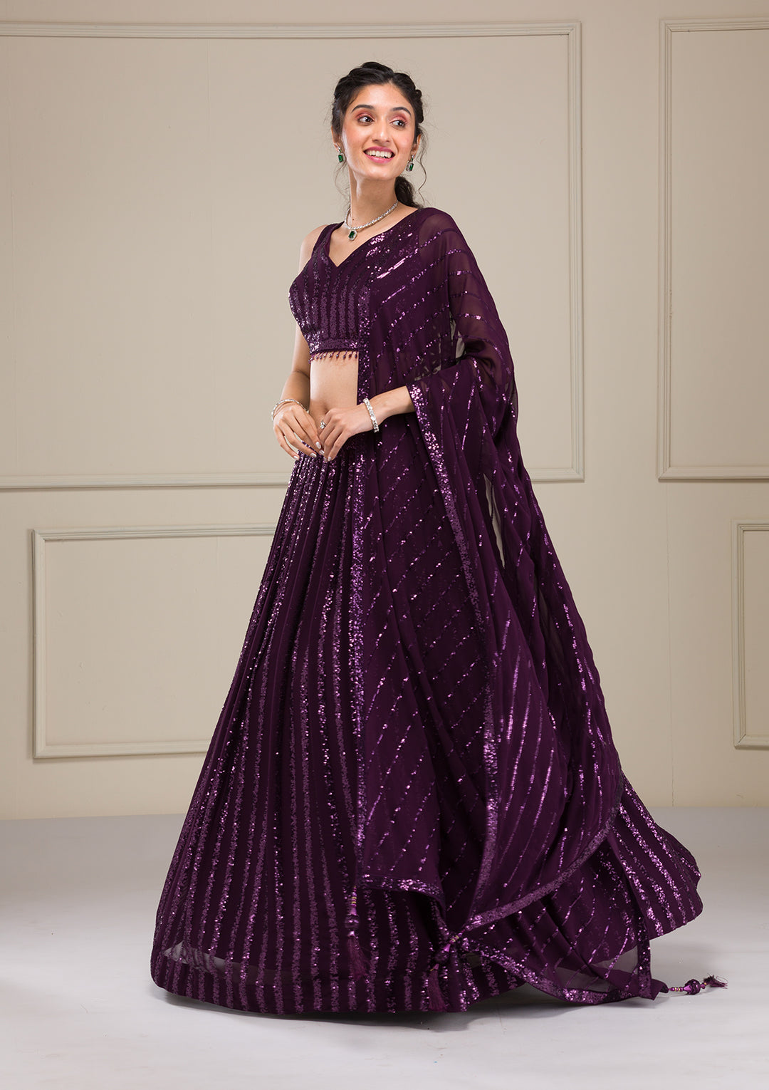 Wine Sequins Georgette Readymade Lehenga