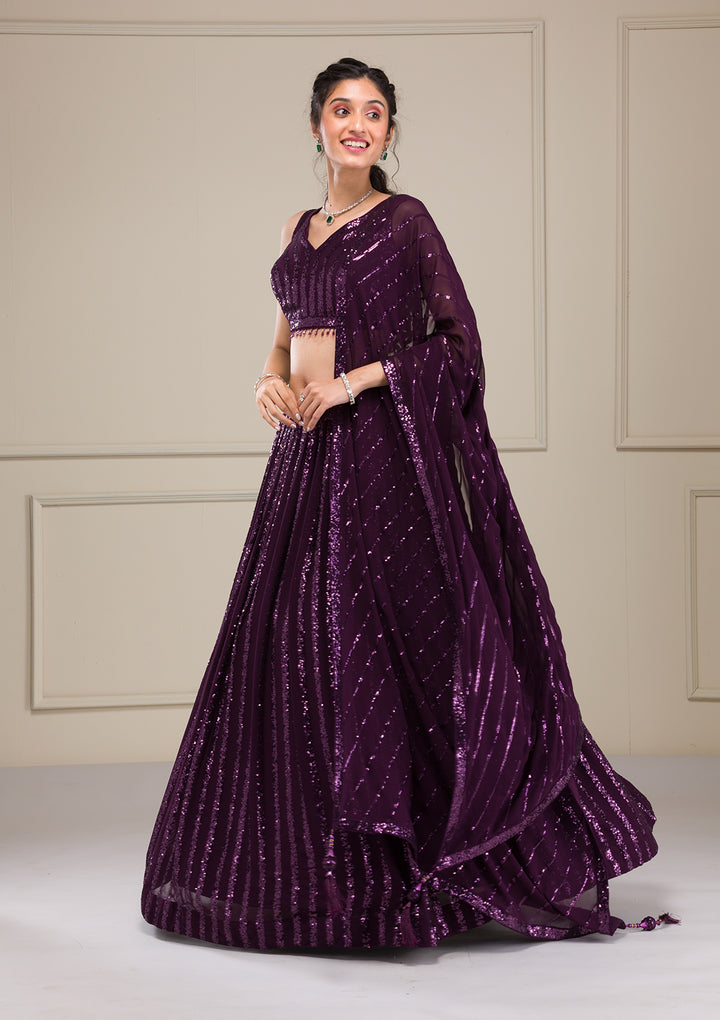 Wine Sequins Georgette Readymade Lehenga