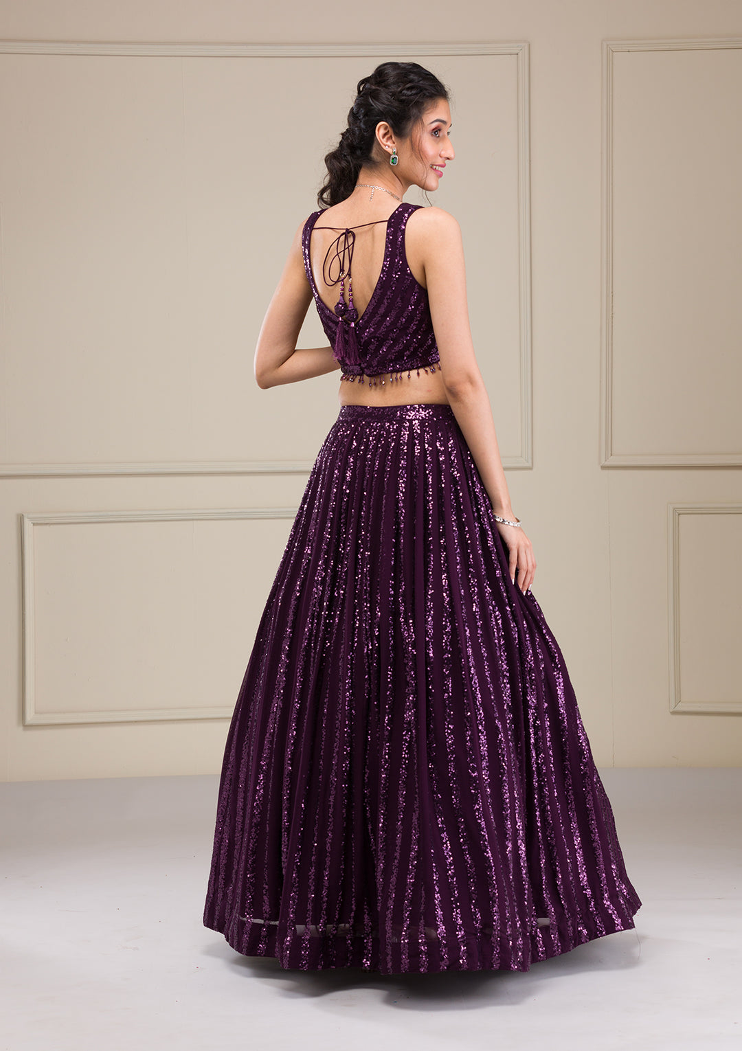 Wine Sequins Georgette Readymade Lehenga
