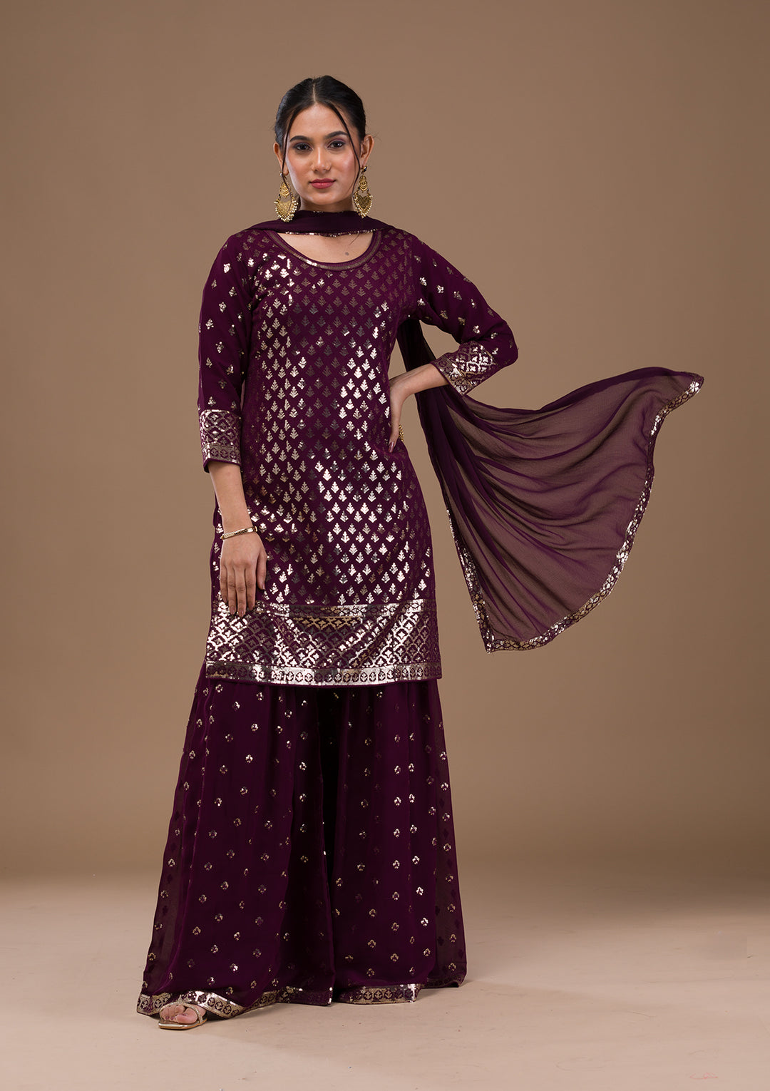 Wine Sequins Georgette Readymade Salwar Suit