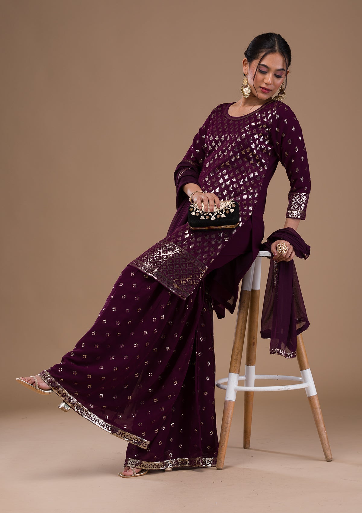 Wine Sequins Georgette Readymade Salwar Suit