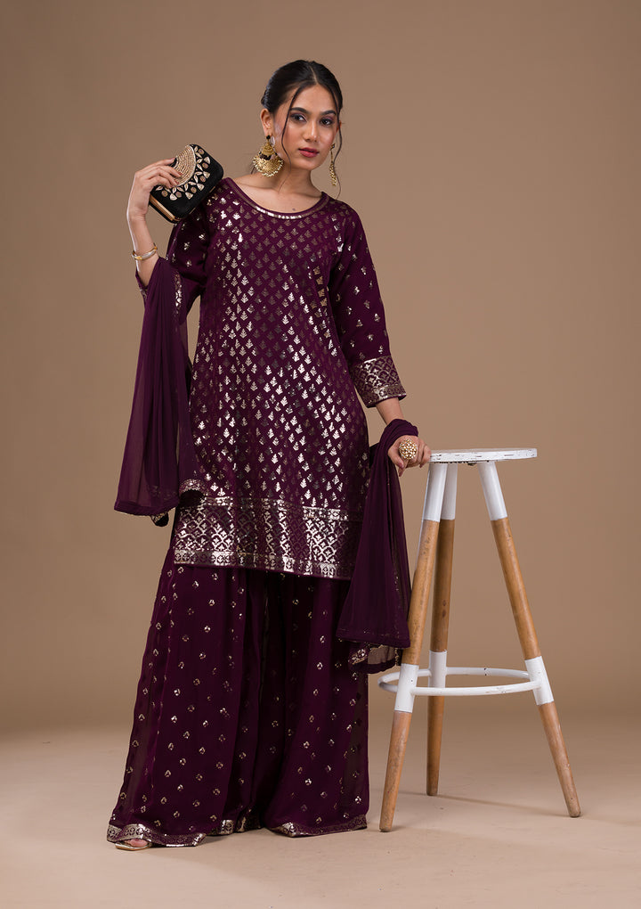 Wine Sequins Georgette Readymade Salwar Suit