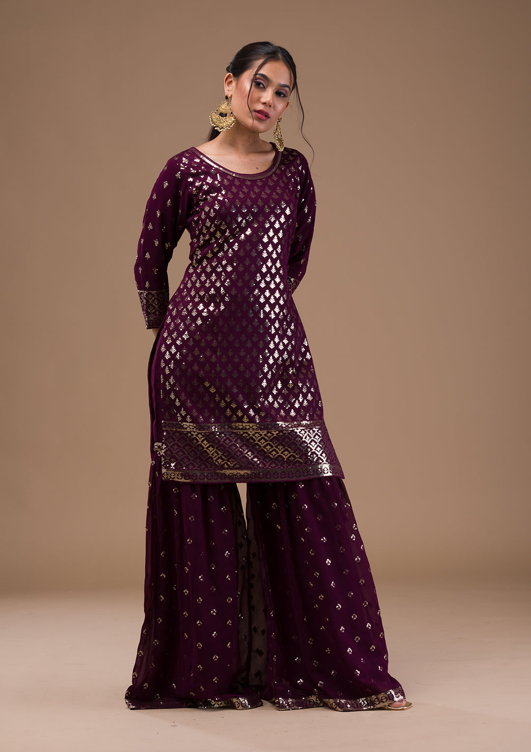Wine Sequins Georgette Readymade Salwar Suit