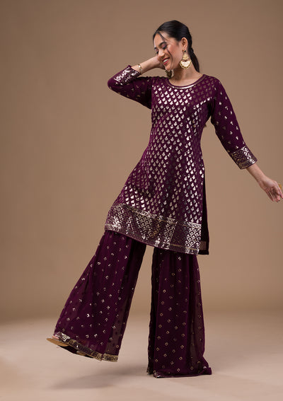 Wine Sequins Georgette Readymade Salwar Suit