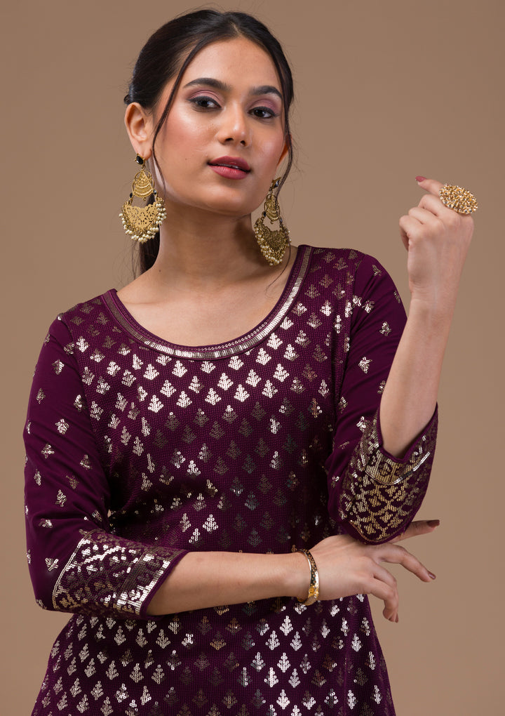 Wine Sequins Georgette Readymade Salwar Suit