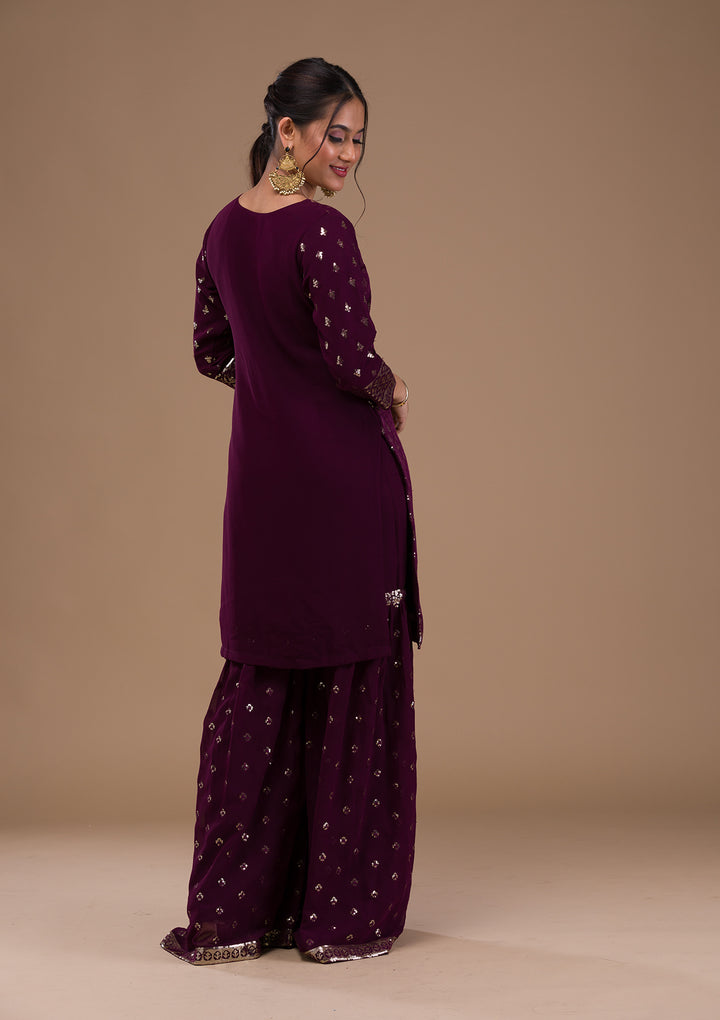 Wine Sequins Georgette Readymade Salwar Suit