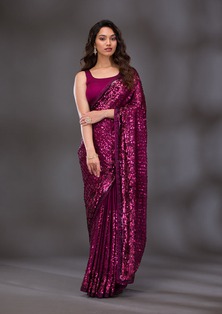 Wine Sequins Georgette Saree