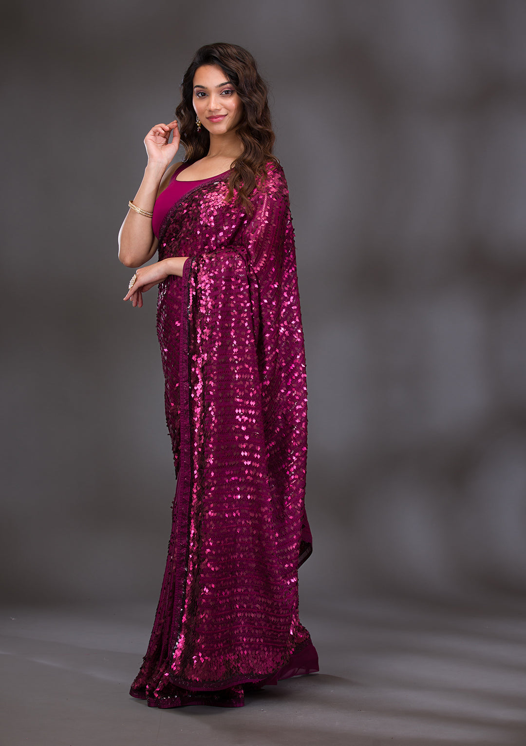 Wine Sequins Georgette Saree