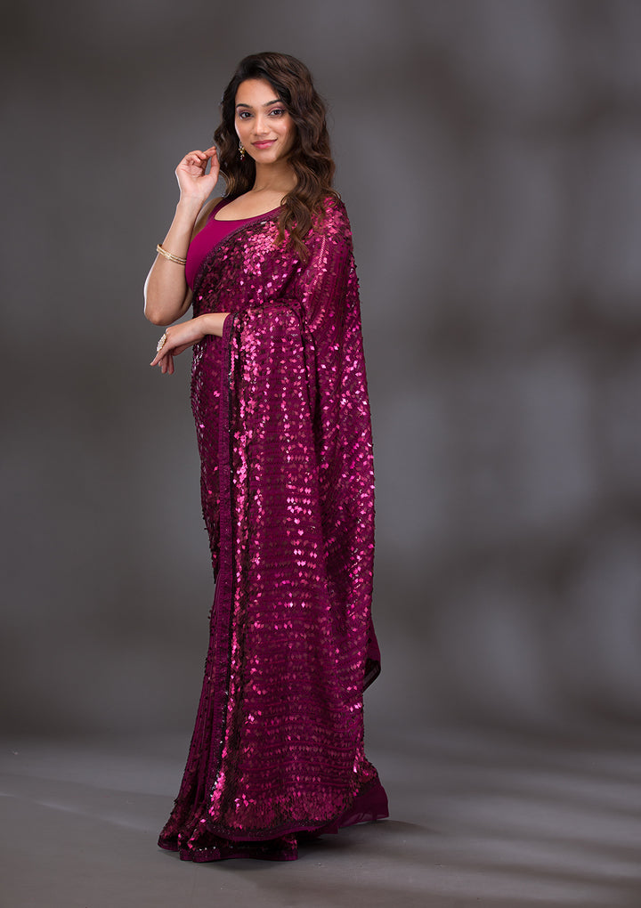Wine Sequins Georgette Saree