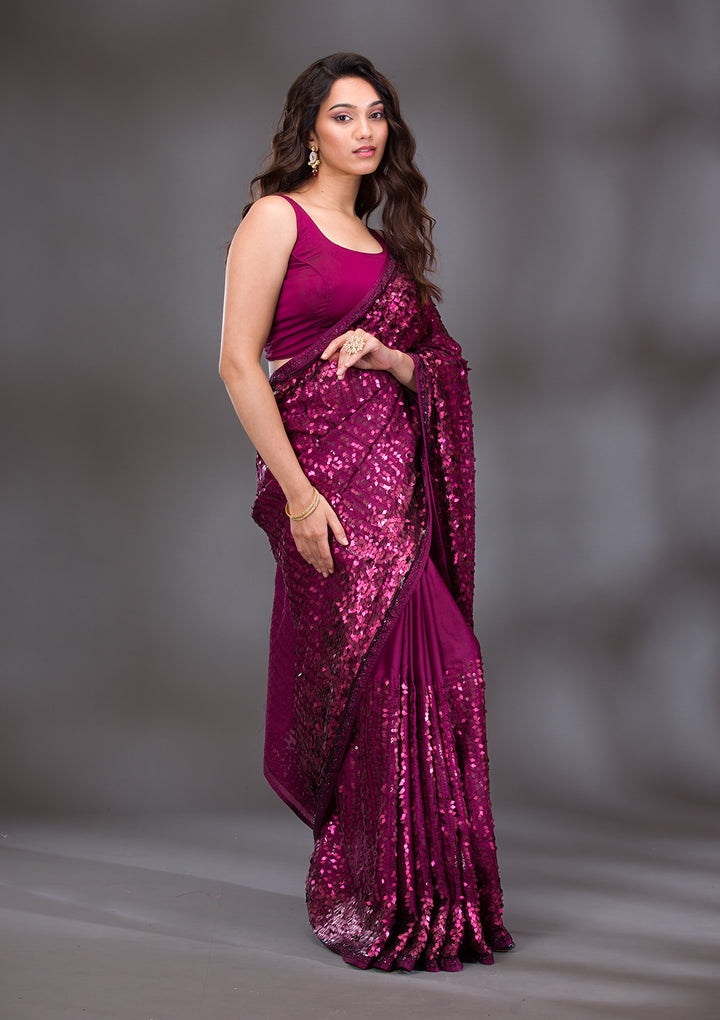 Wine Sequins Georgette Saree
