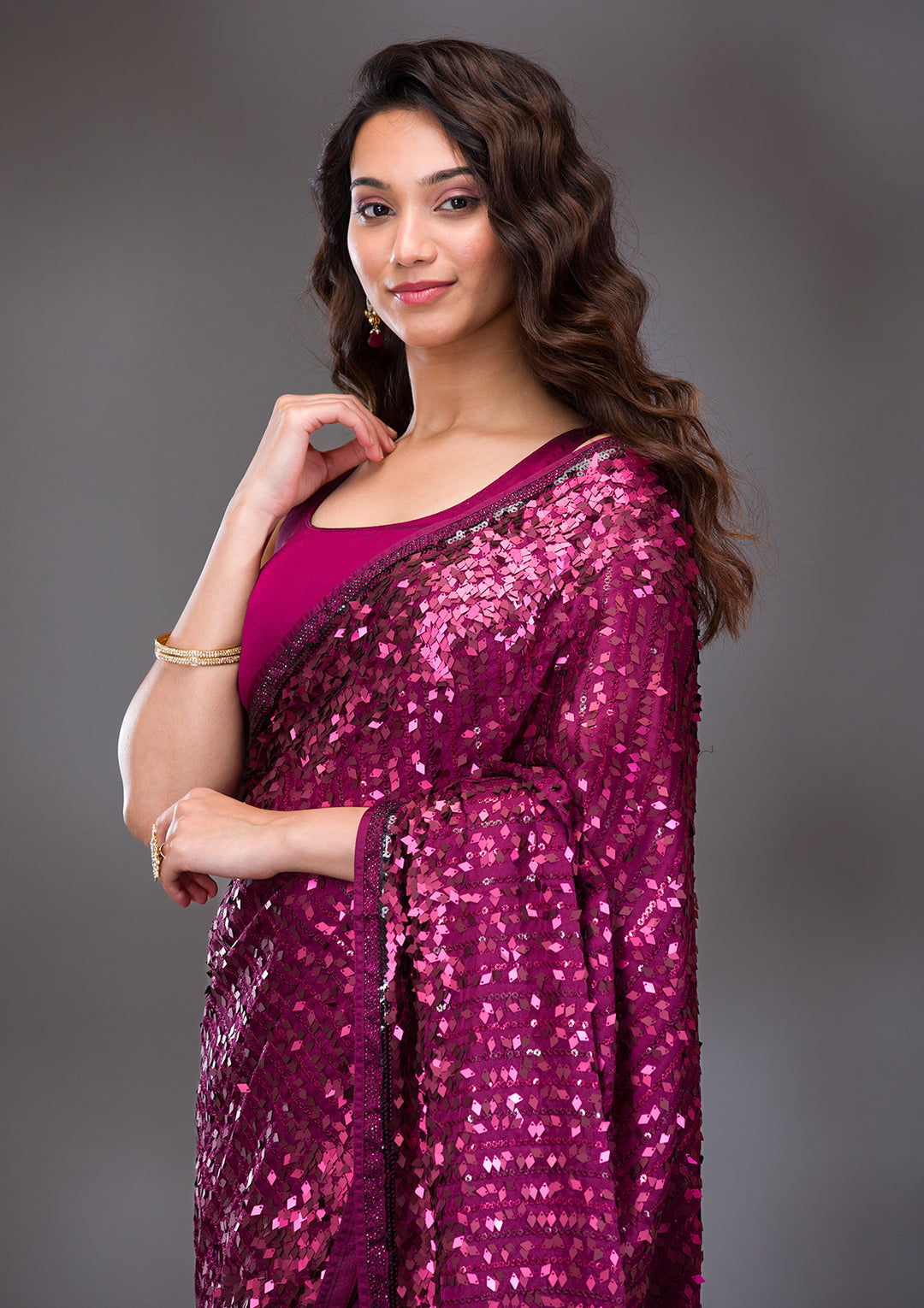 Wine Sequins Georgette Saree