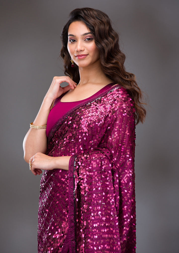 Wine Sequins Georgette Saree
