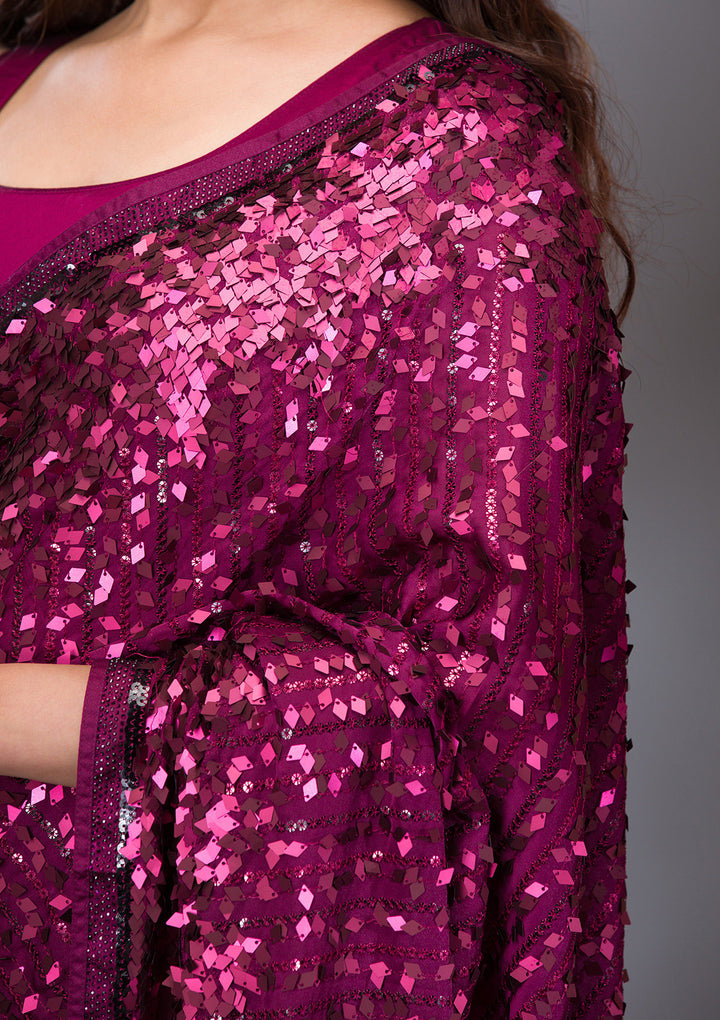 Wine Sequins Georgette Saree