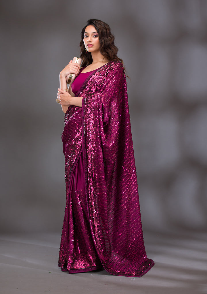 Wine Sequins Georgette Saree