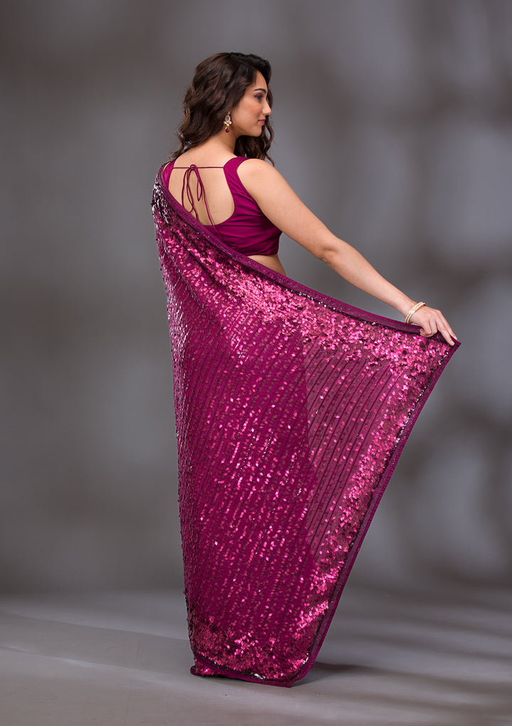 Wine Sequins Georgette Saree