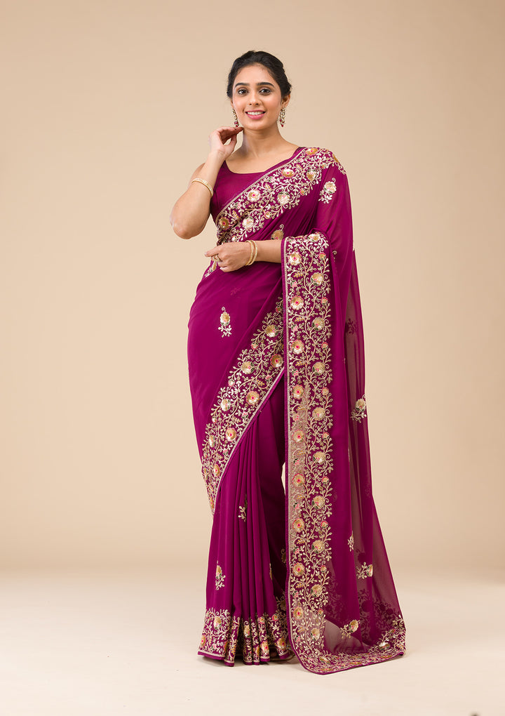 Wine Sequins Georgette Saree