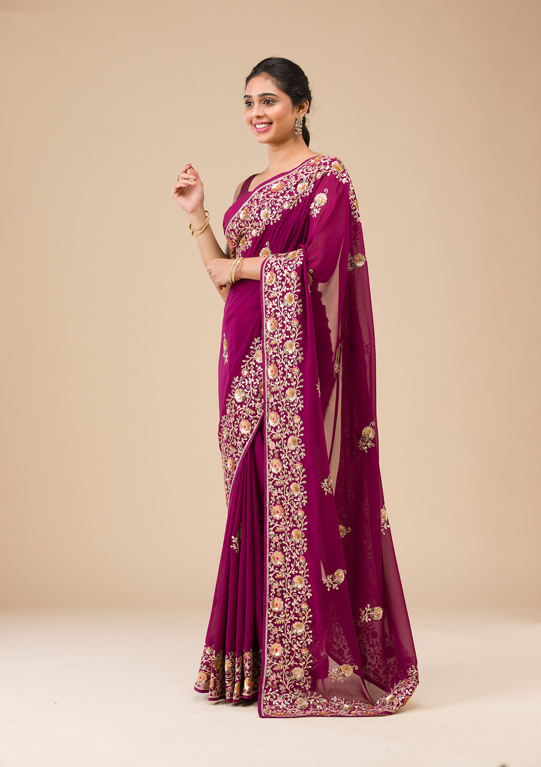 Wine Sequins Georgette Saree