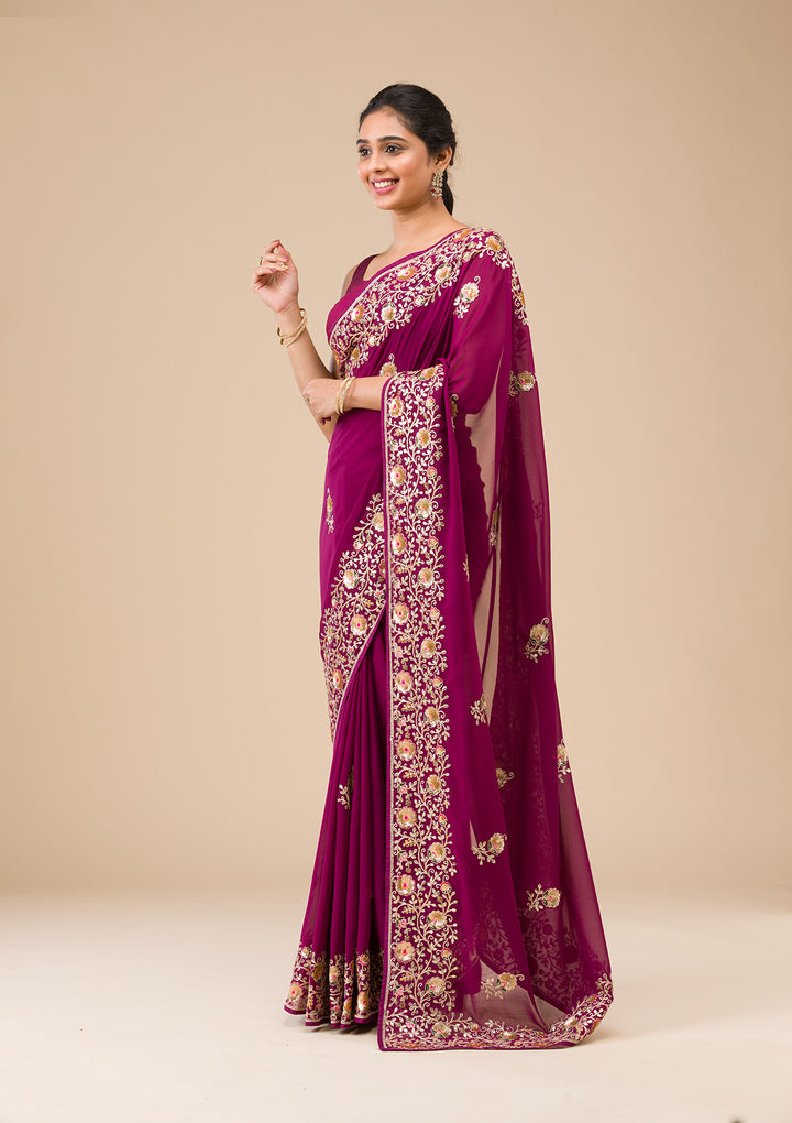 Wine Sequins Georgette Saree