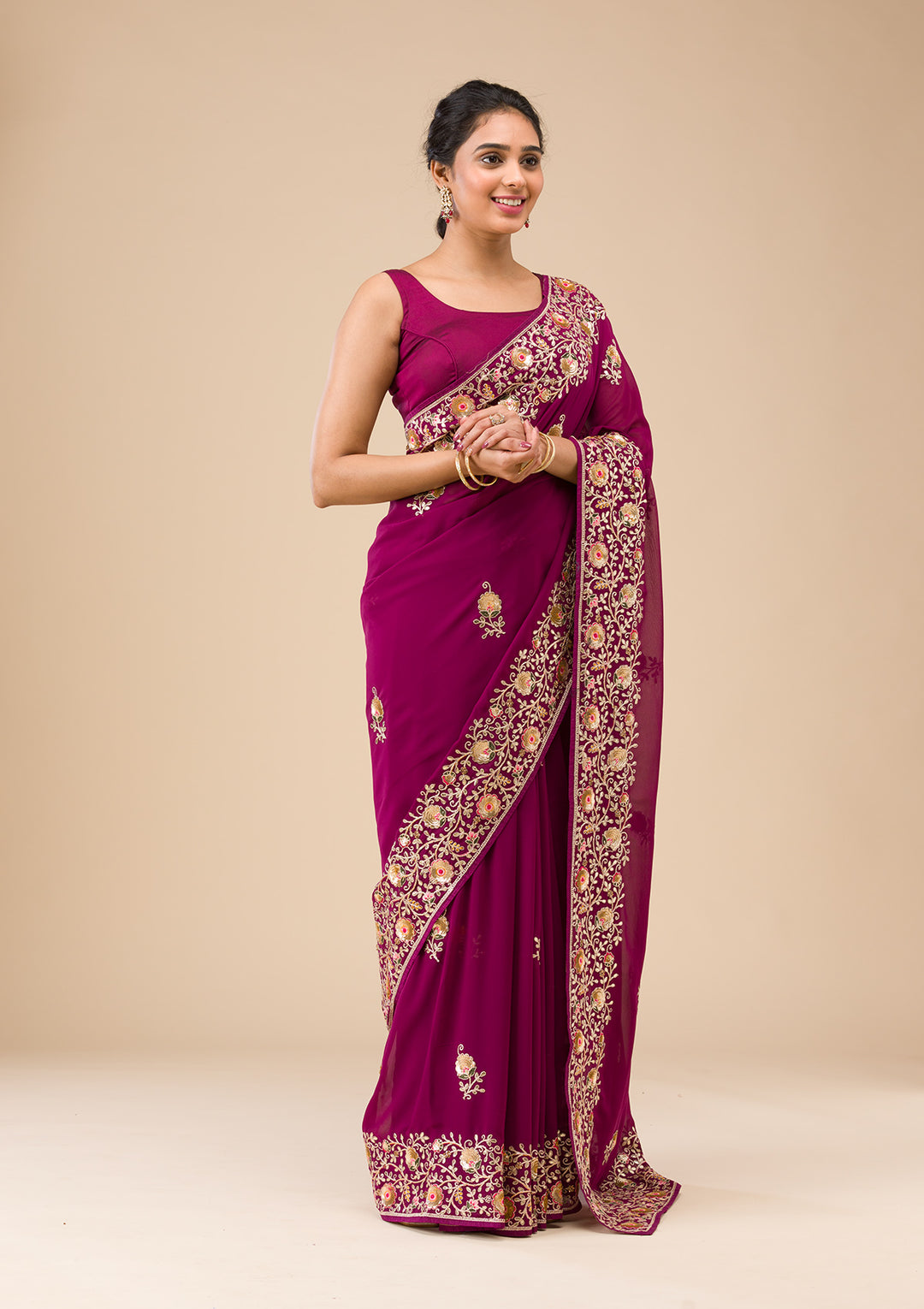Wine Sequins Georgette Saree