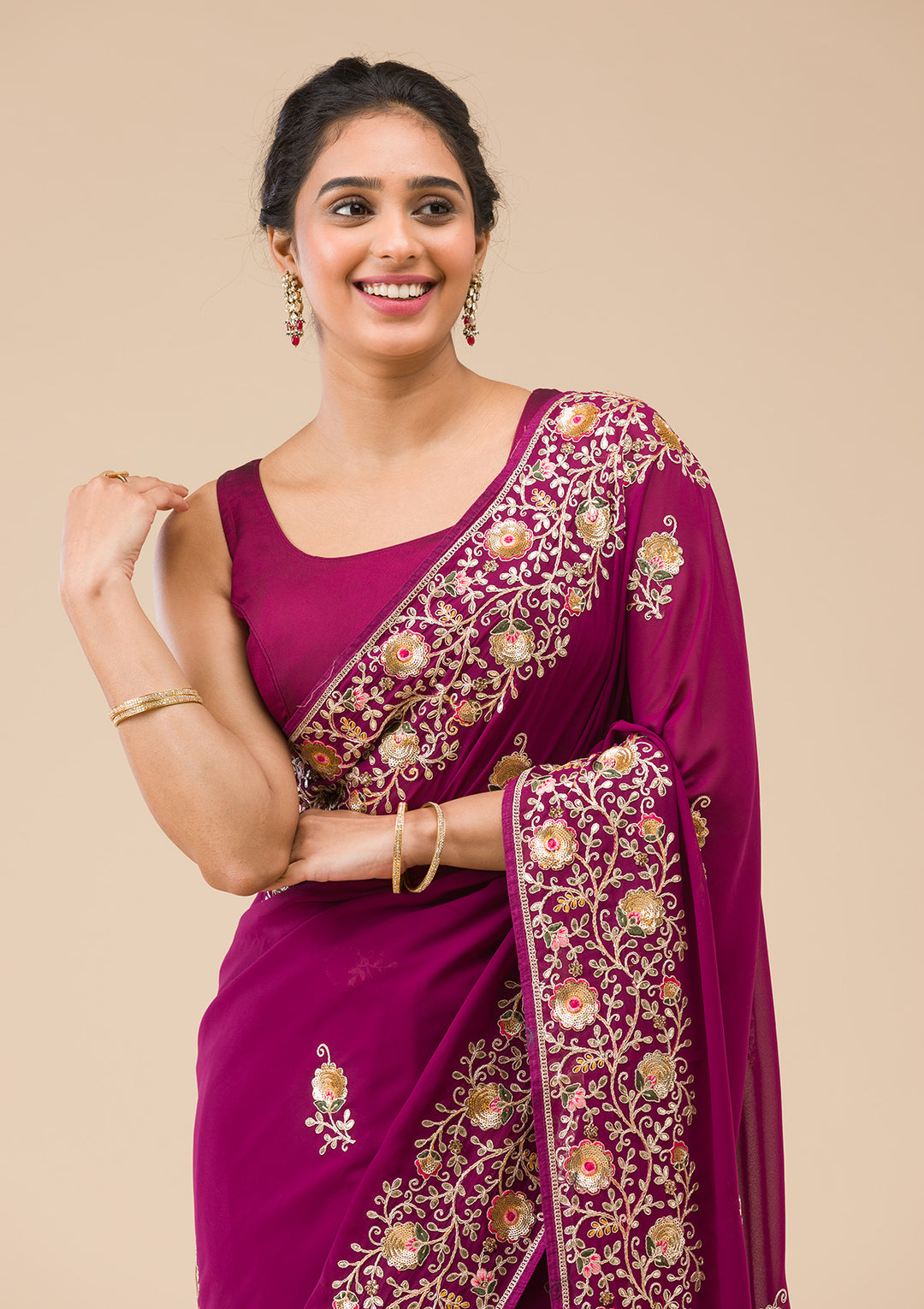 Wine Sequins Georgette Saree