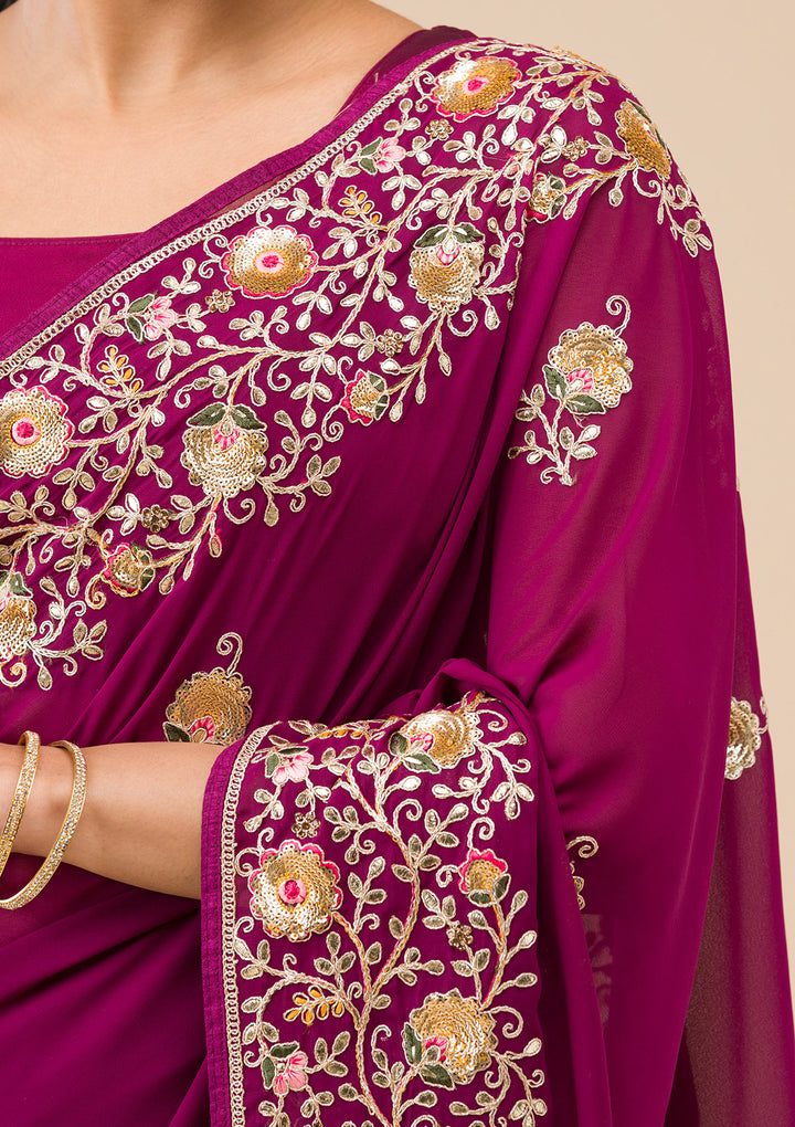 Wine Sequins Georgette Saree