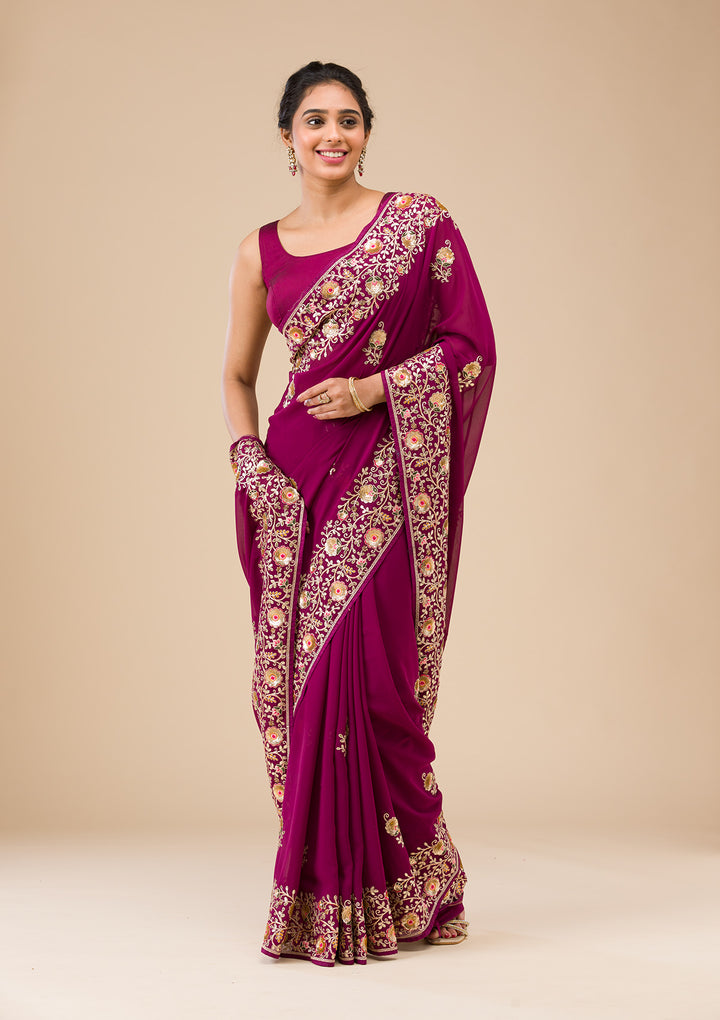 Wine Sequins Georgette Saree
