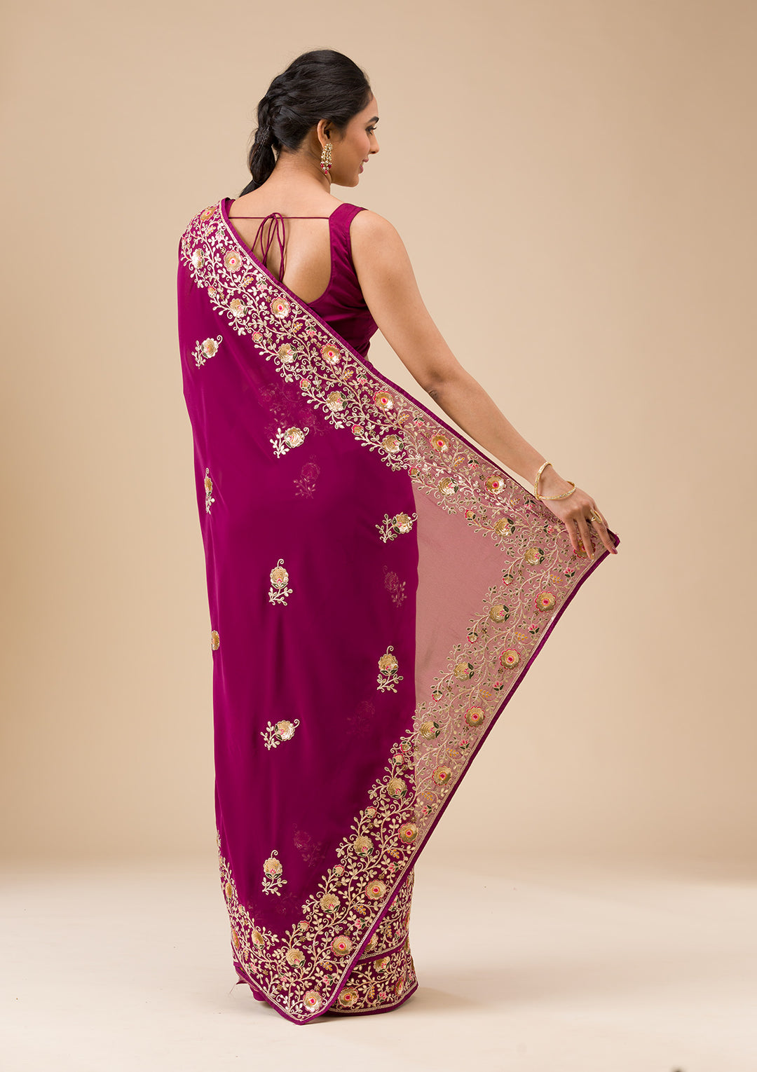 Wine Sequins Georgette Saree