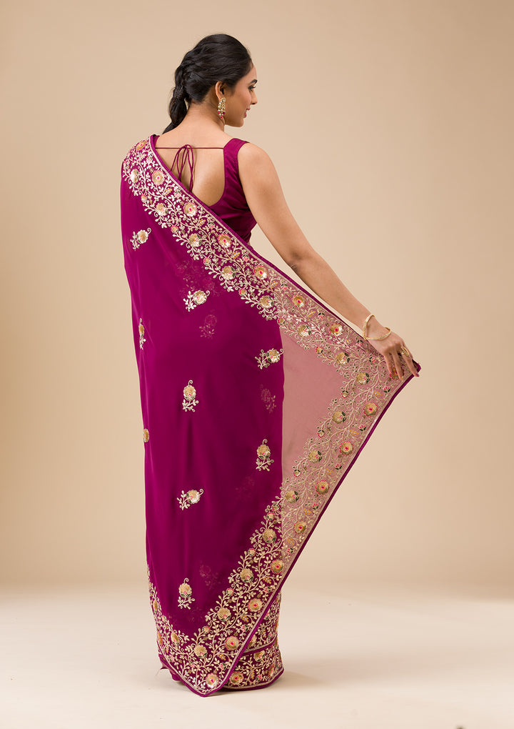 Wine Sequins Georgette Saree