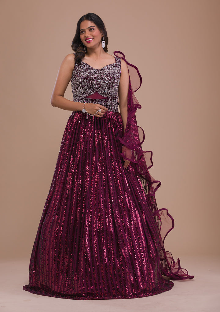 Wine Sequins Net Gown