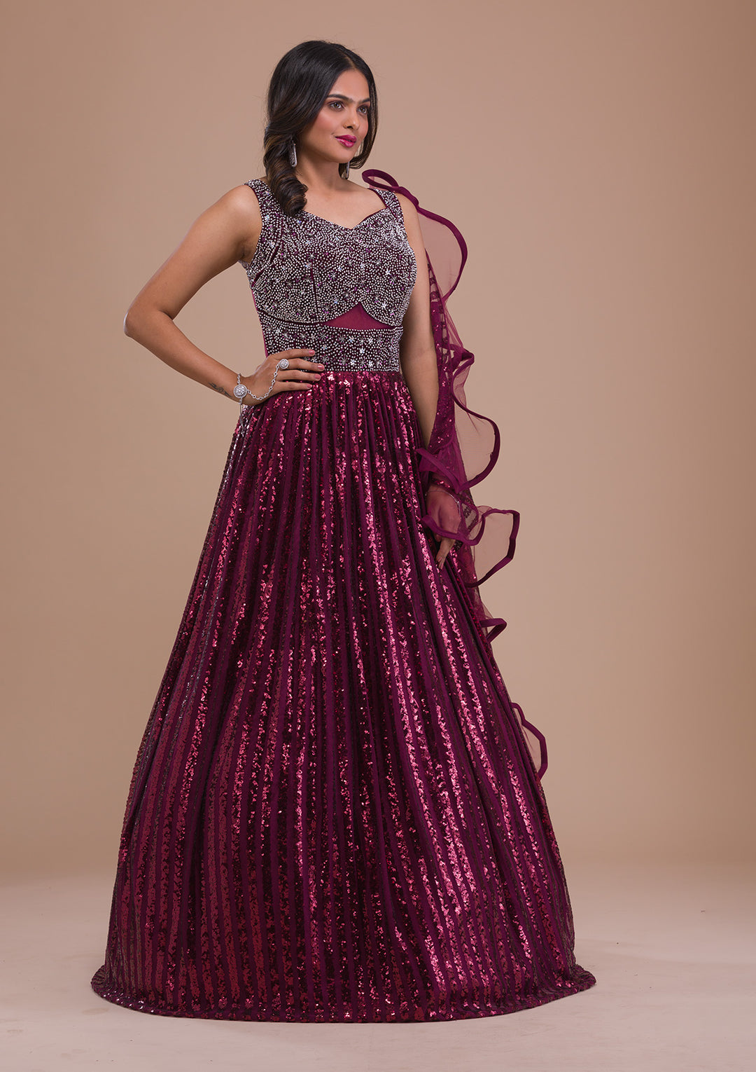 Wine Sequins Net Gown