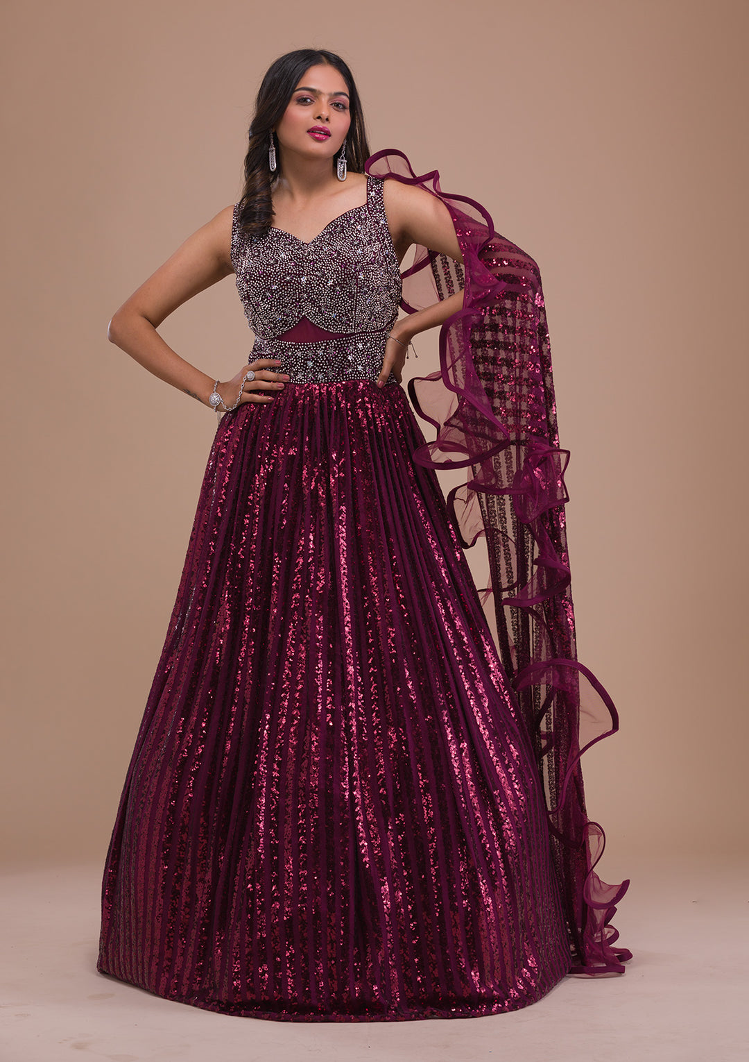 Wine Sequins Net Gown-Koskii