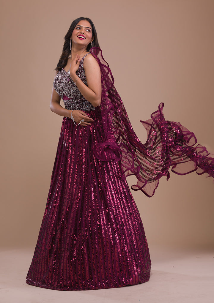 Wine Sequins Net Gown