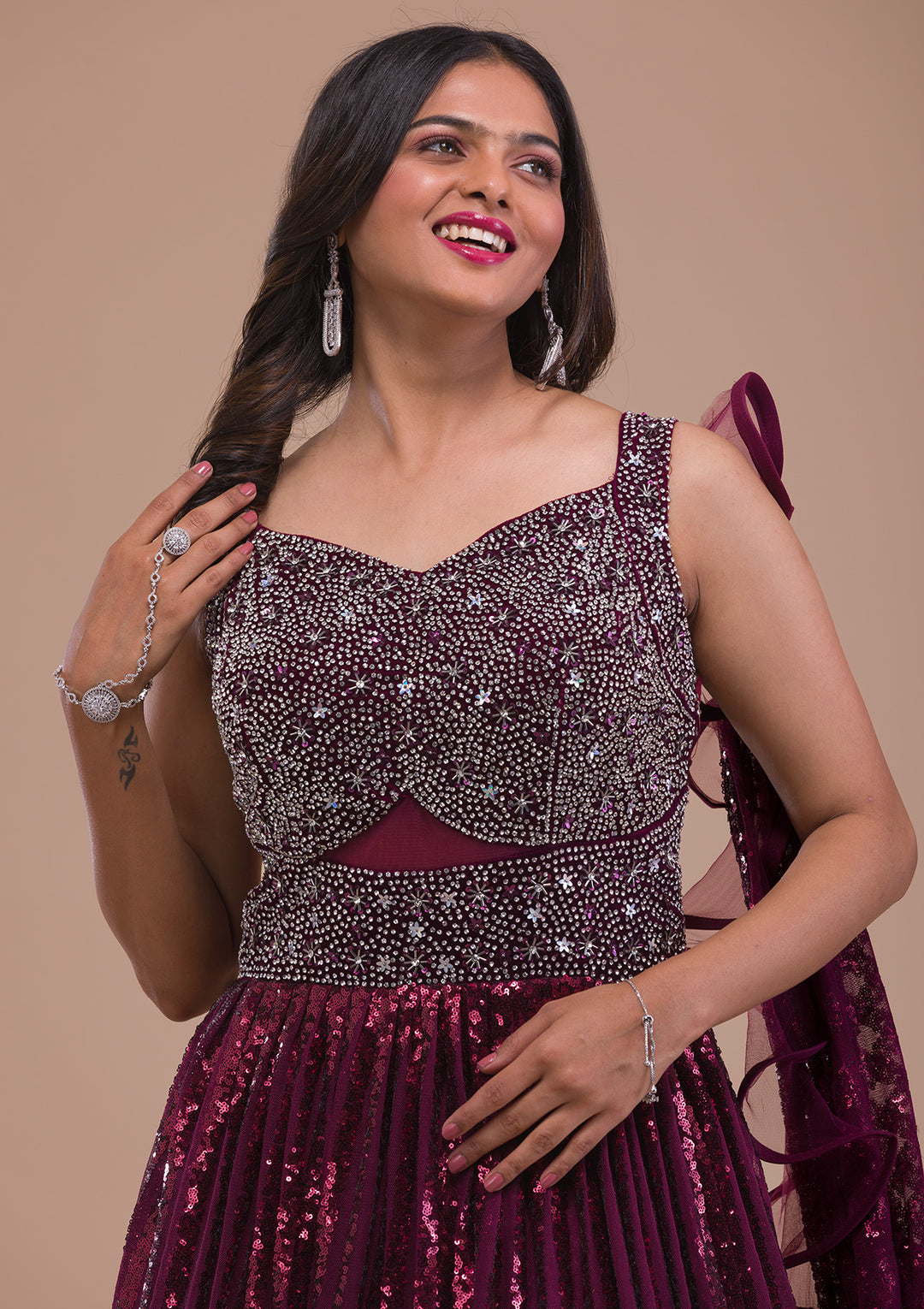 Wine Sequins Net Gown