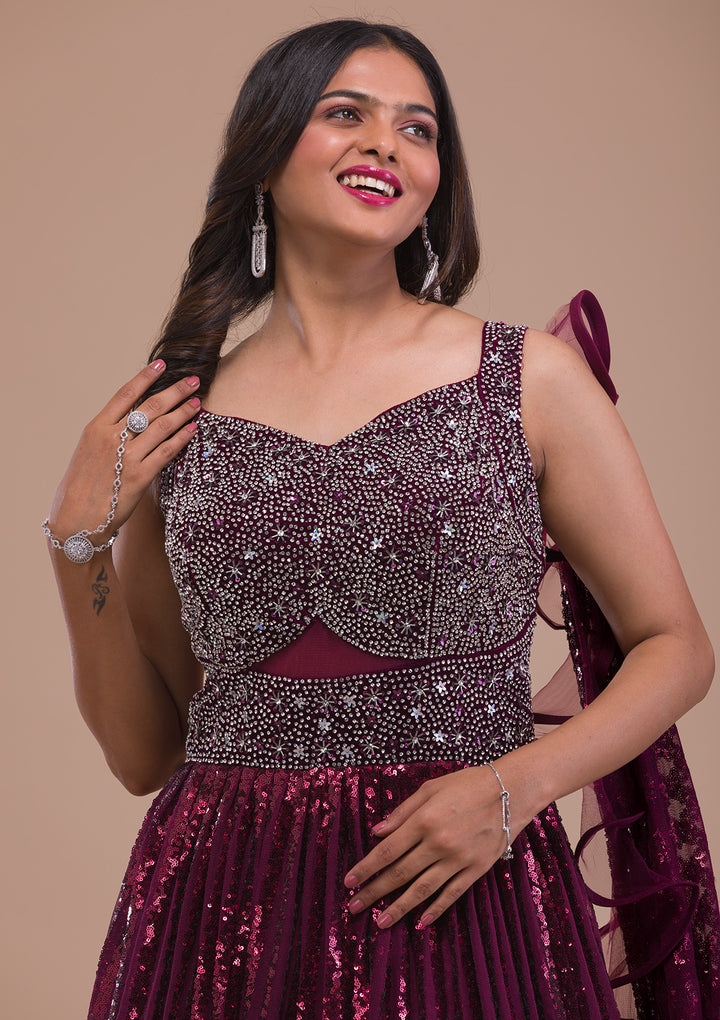 Wine Sequins Net Gown