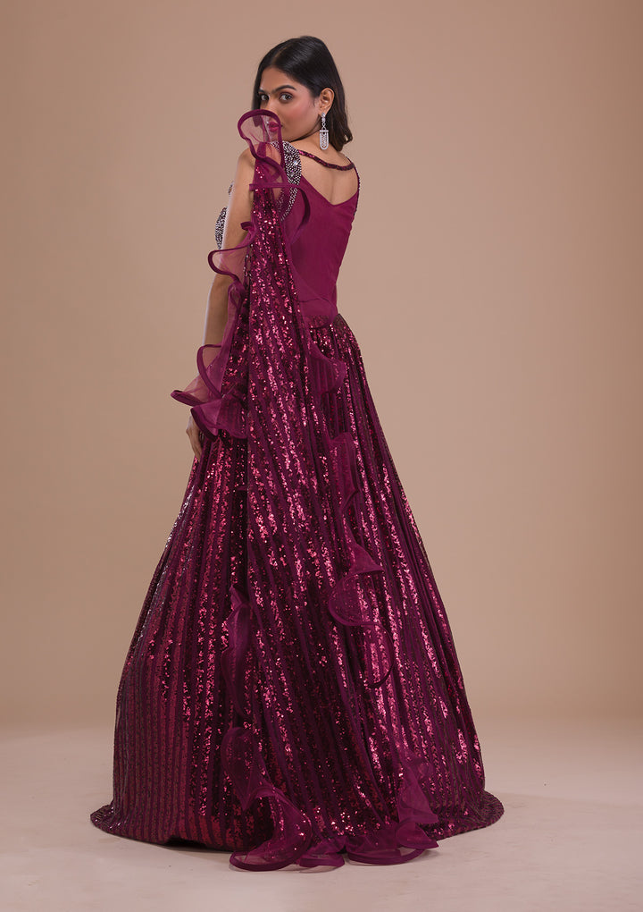 Wine Sequins Net Gown
