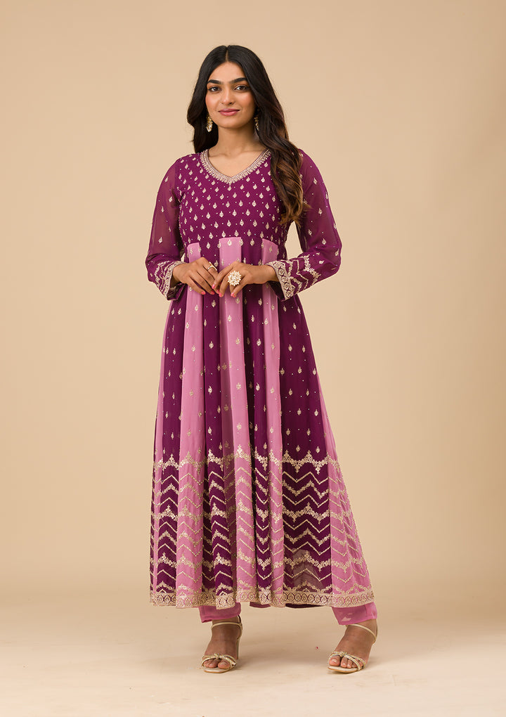 Wine Silver Zariwork Georgette Readymade Salwar Suit
