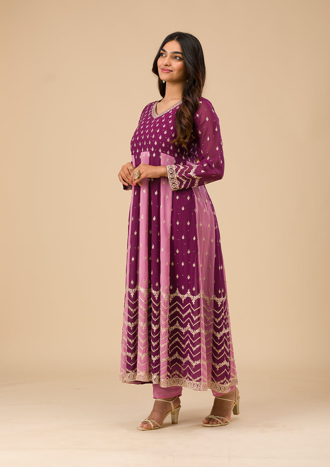 Wine Silver Zariwork Georgette Readymade Salwar Suit
