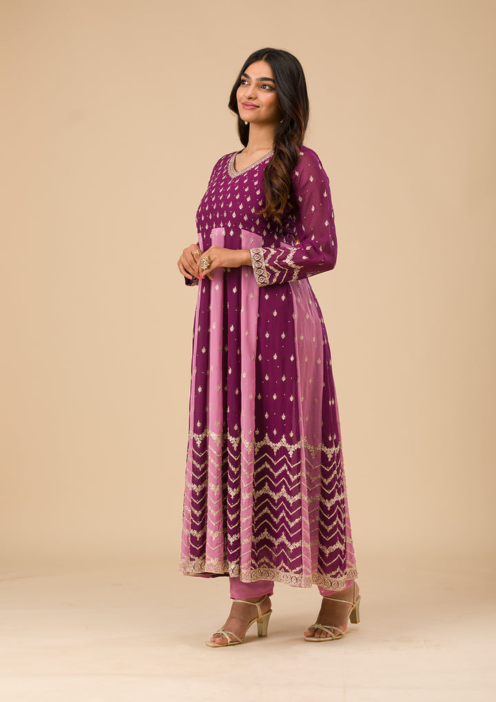 Wine Silver Zariwork Georgette Readymade Salwar Suit
