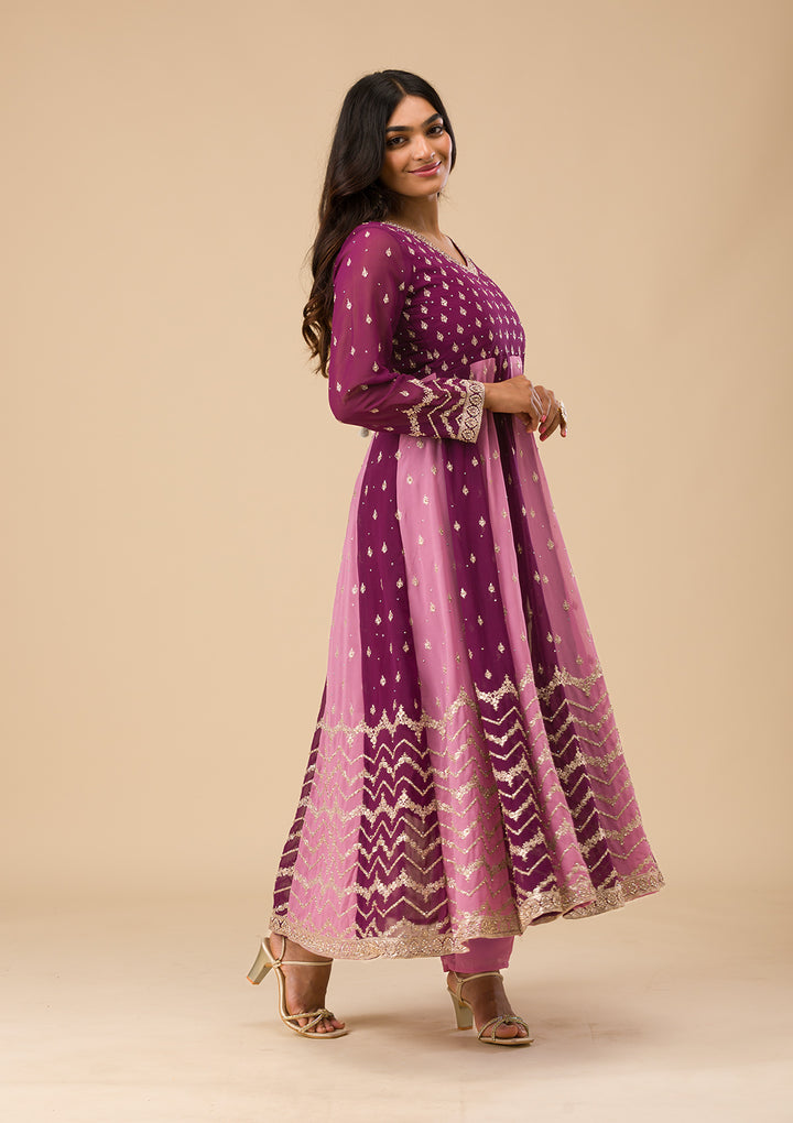 Wine Silver Zariwork Georgette Readymade Salwar Suit